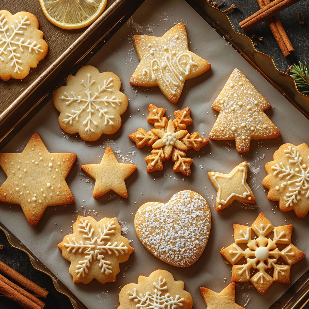 A tray of cookies with stars and hearts on them.