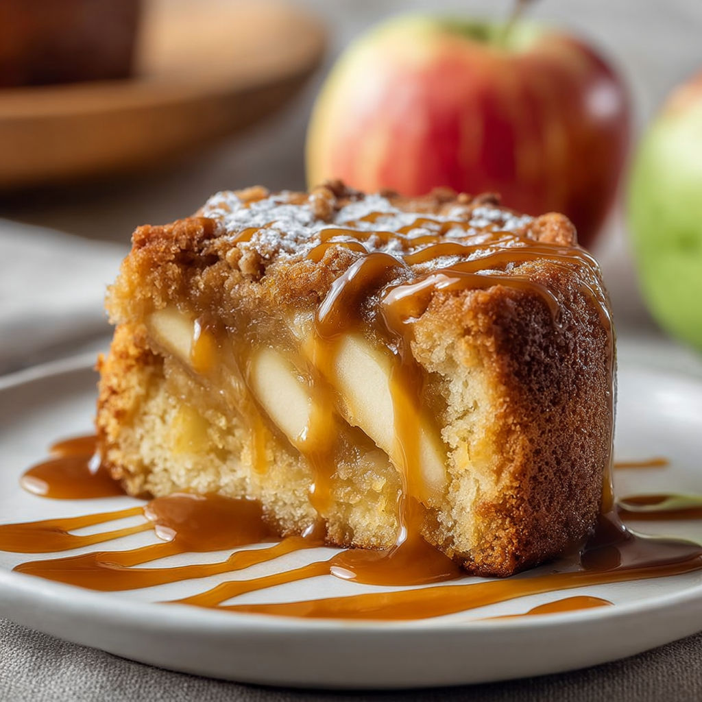 A slice of cake with caramel drizzled on top.