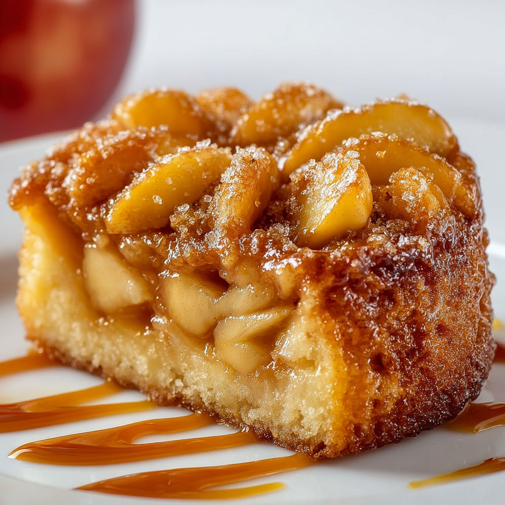 A slice of apple pie with a caramel sauce drizzle.