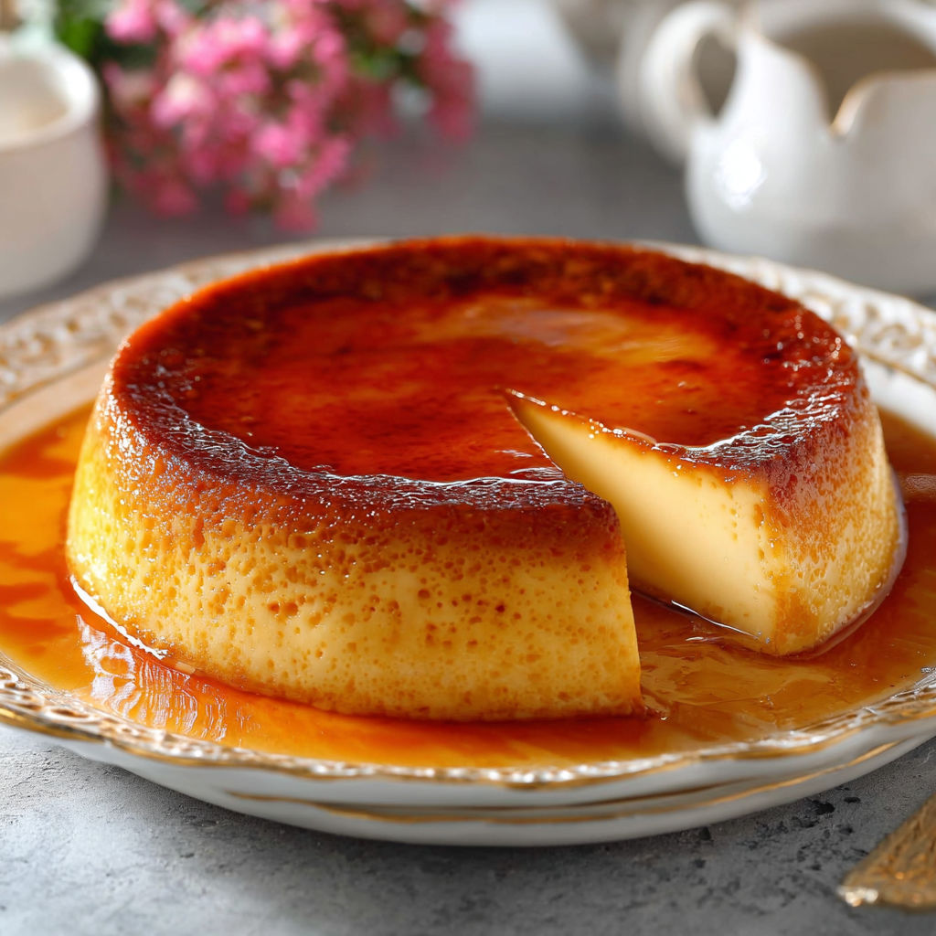 A slice of flan on a plate.