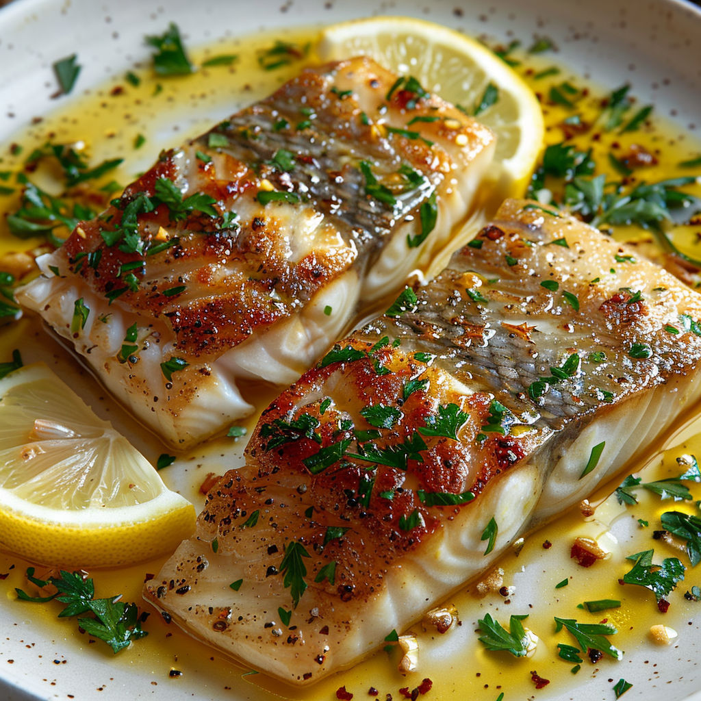 A plate of fish with lemon and herbs.