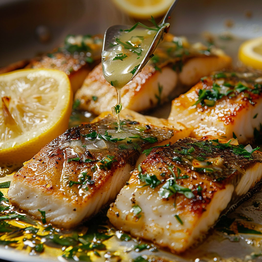 A plate of fish with lemon and herbs.