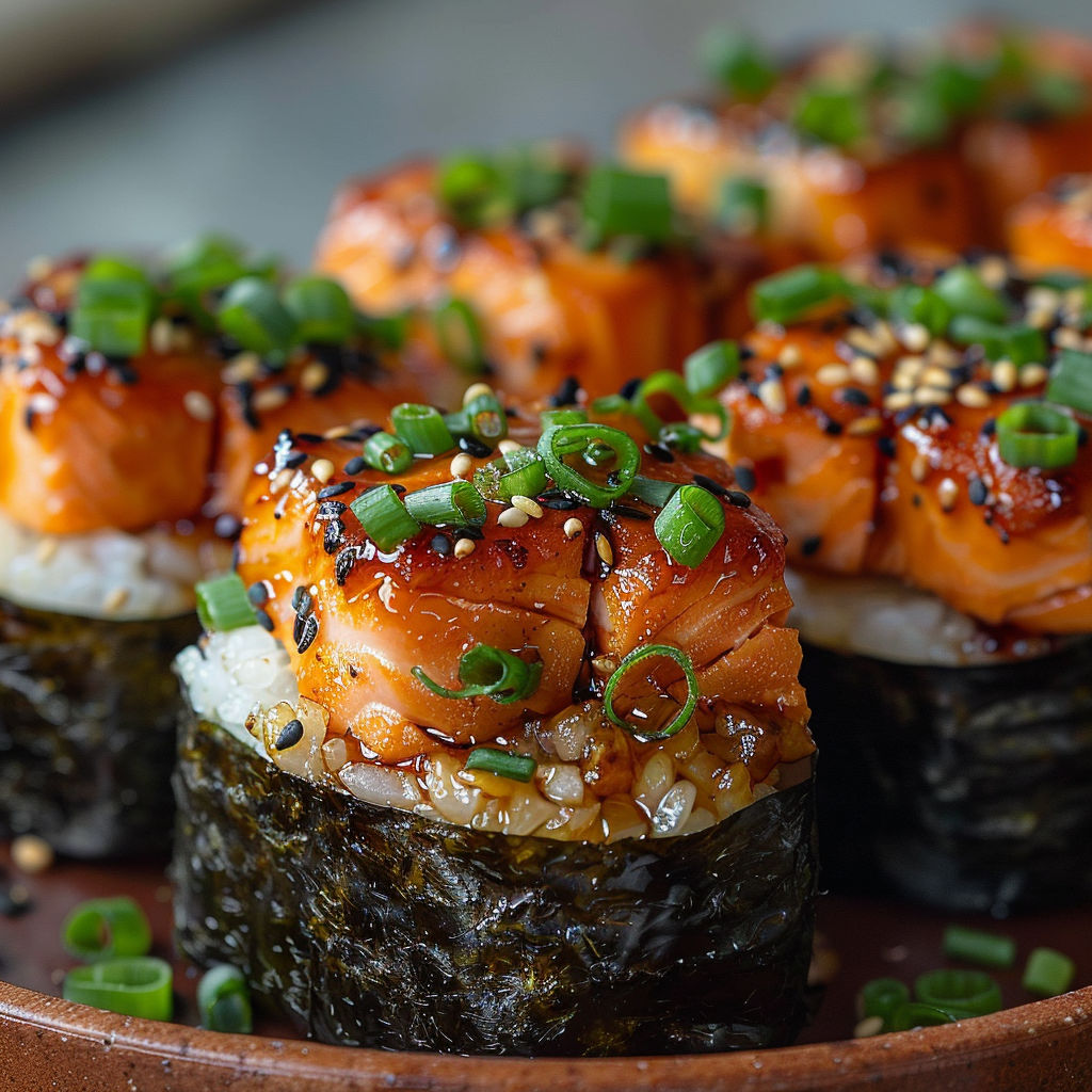 Sushi cups with salmon and mushrooms.