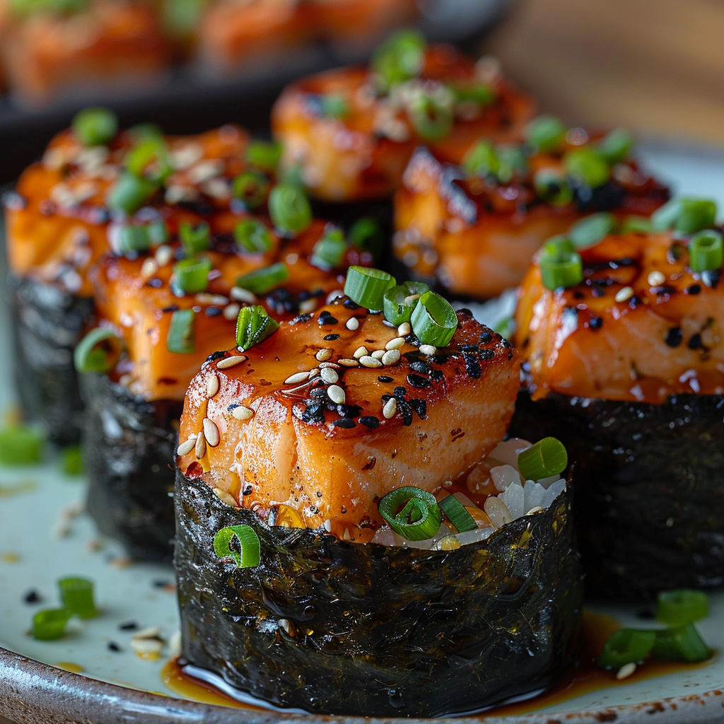 Sushi cups with salmon and mushrooms.