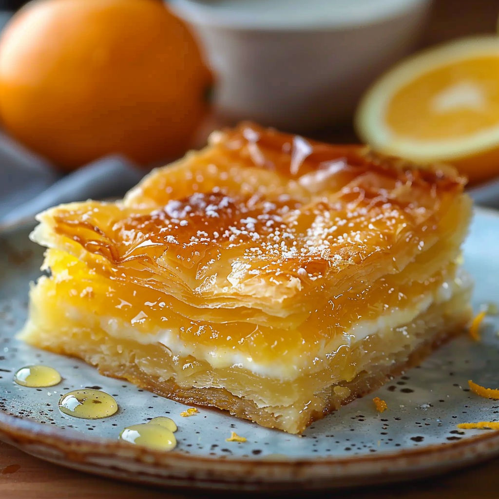 A slice of pie with a lemon wedge on top.