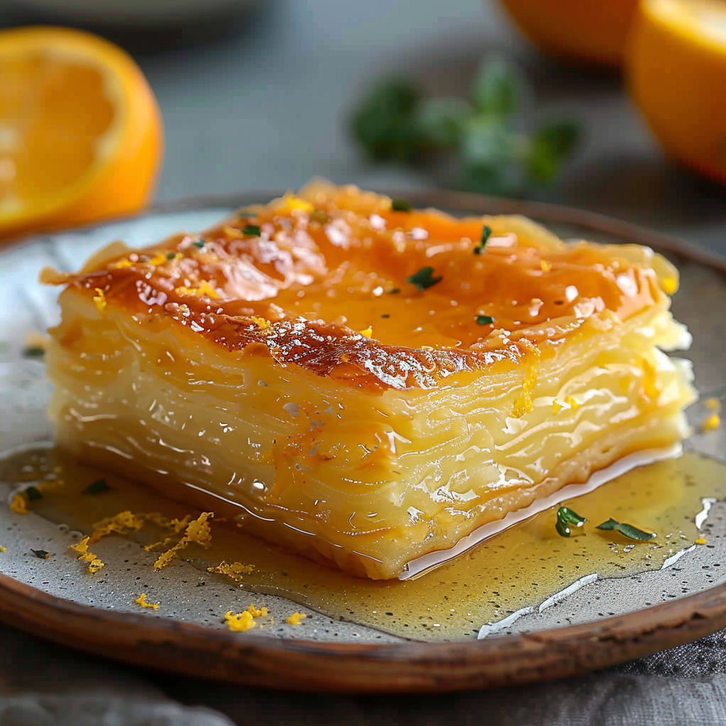 A slice of orange cake with a drizzle of sauce on top.
