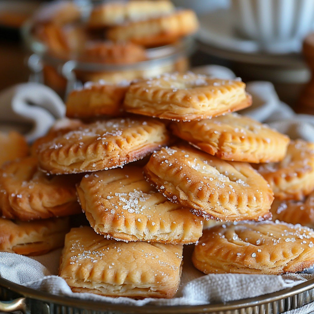 A stack of sugar-covered cookies.