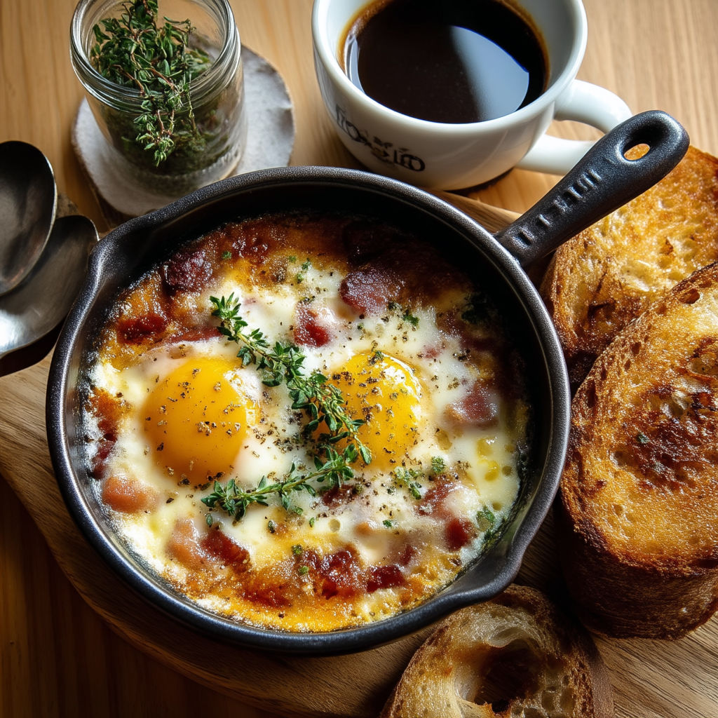 A bowl of eggs and bacon on a table.