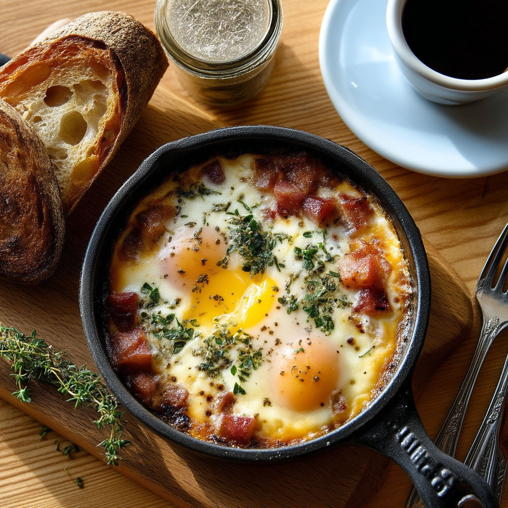 A bowl of eggs and bacon with a spoon and a cup of coffee.