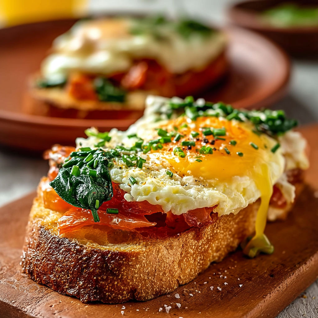 A close up of a breakfast sandwich with eggs, spinach, and bacon.