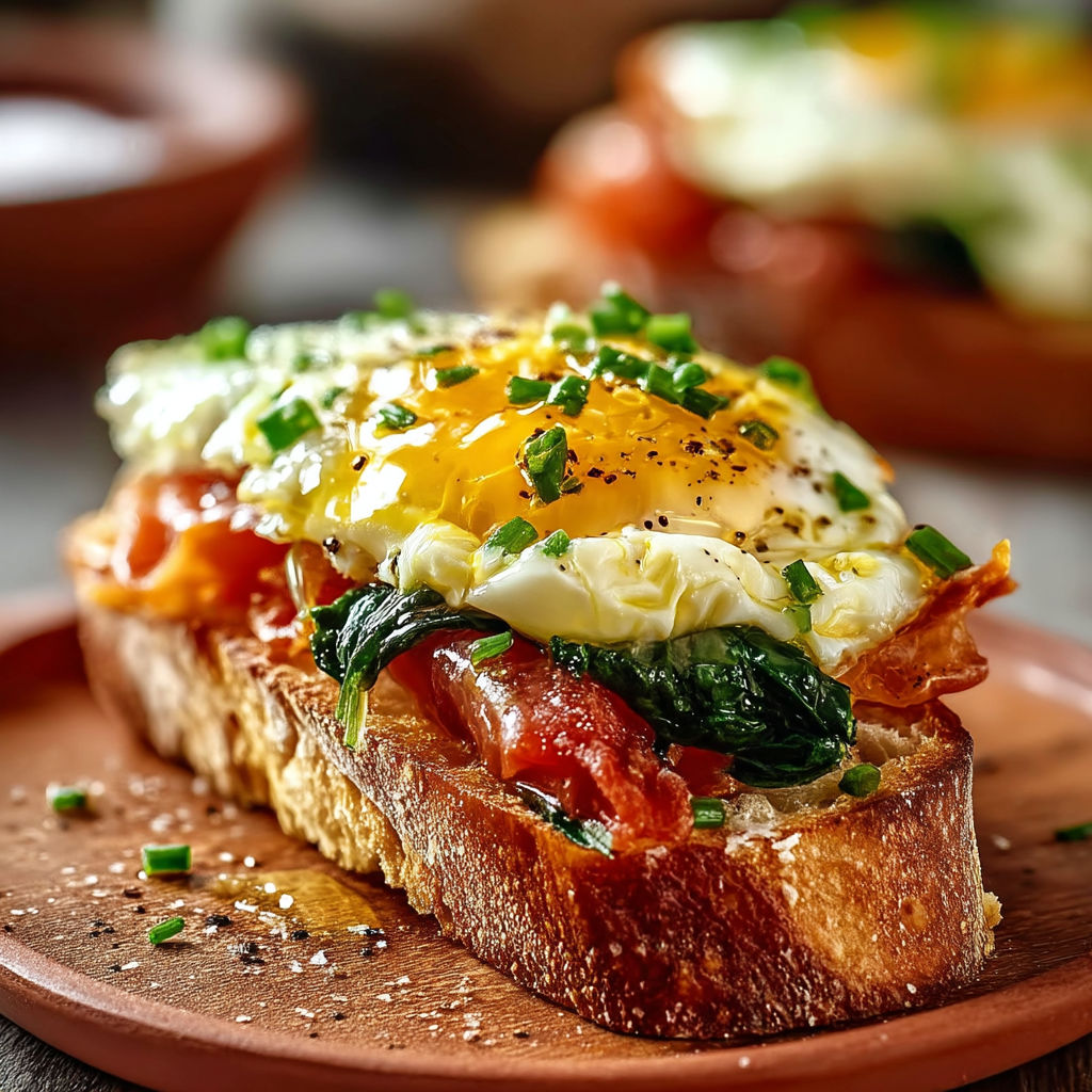 A sandwich with eggs, spinach, and bacon.