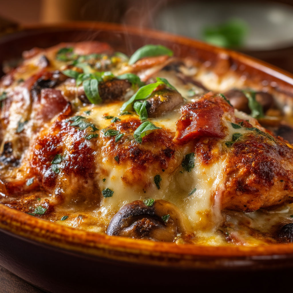 A bowl of food with mushrooms and cheese.