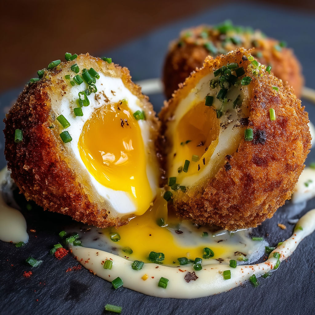 Two eggs with sauce on top.