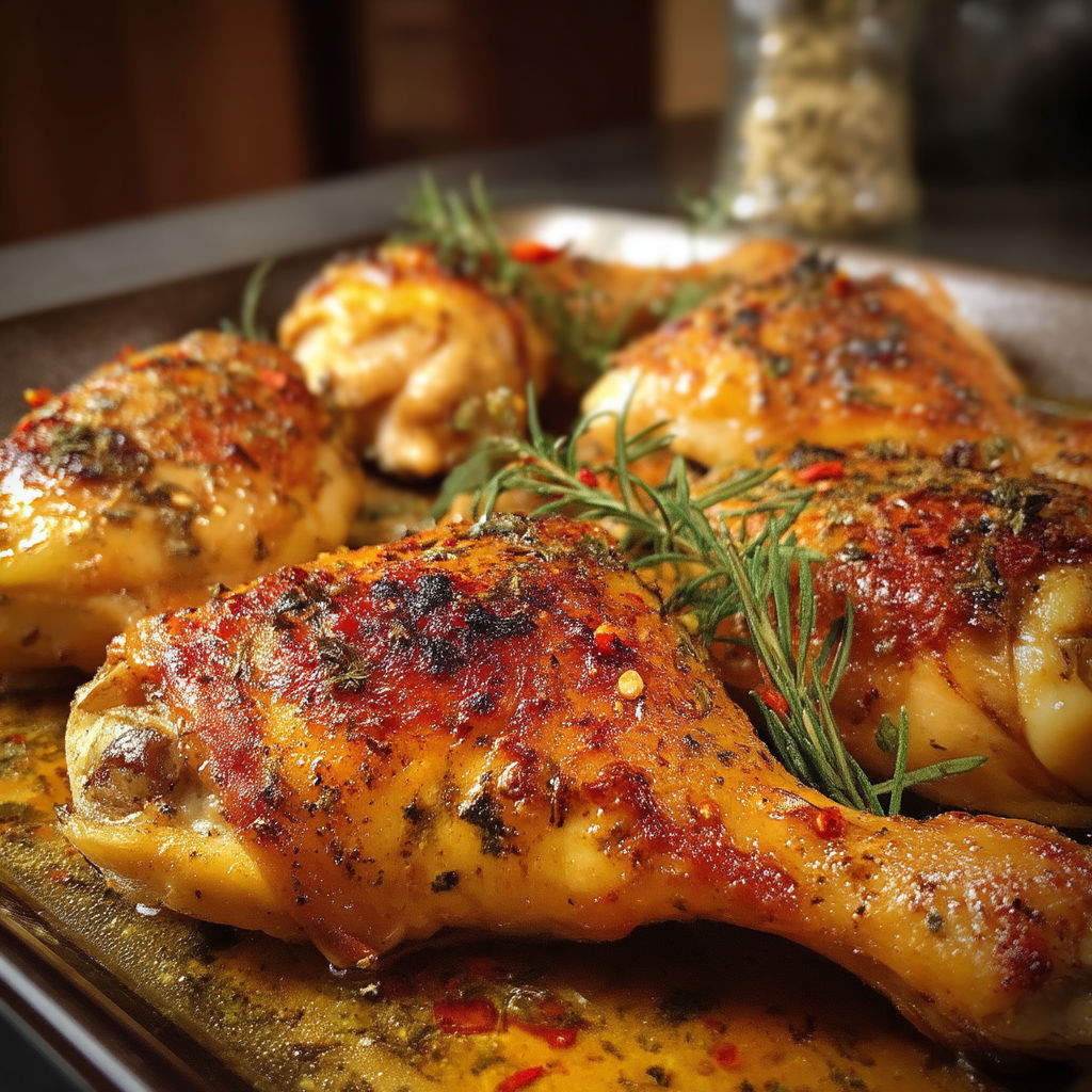 A pan of chicken with herbs and spices.