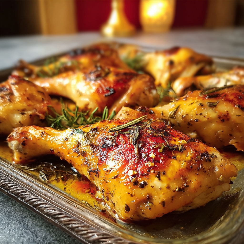A pan of chicken with herbs and spices.