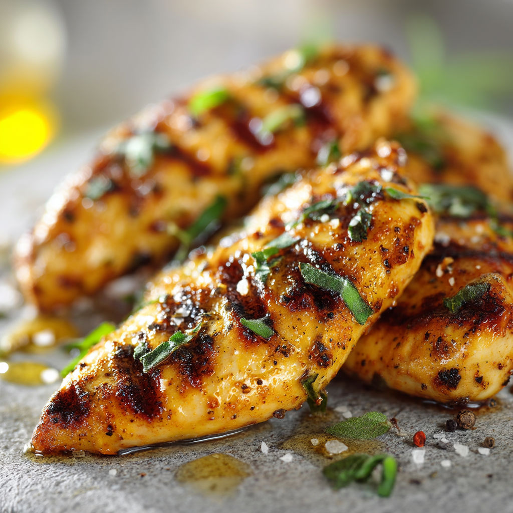A plate of grilled chicken with herbs.
