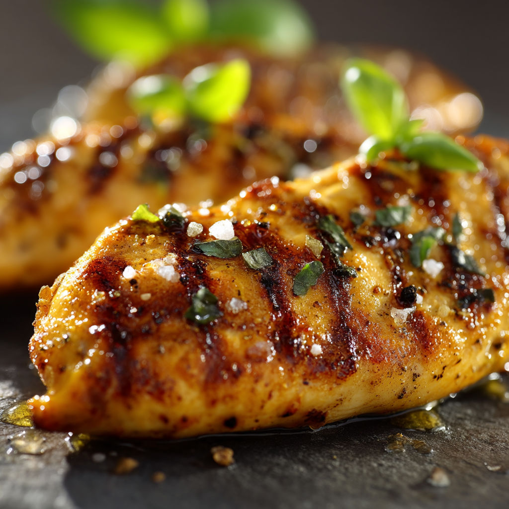 A piece of grilled chicken with herbs on top.