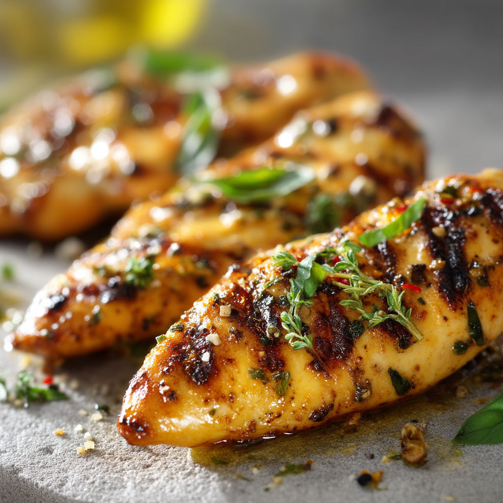 A close up of grilled chicken with herbs and spices.