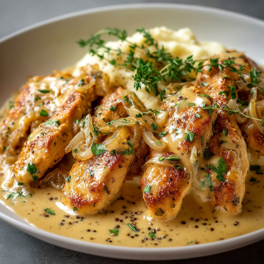 A plate of chicken with onions and mashed potatoes.
