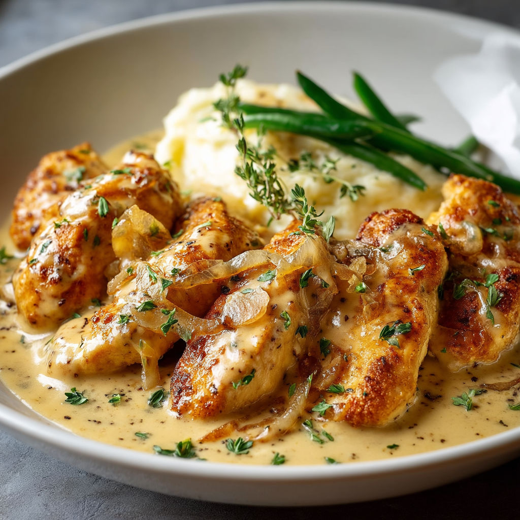 A plate of food with chicken, potatoes, and green beans.
