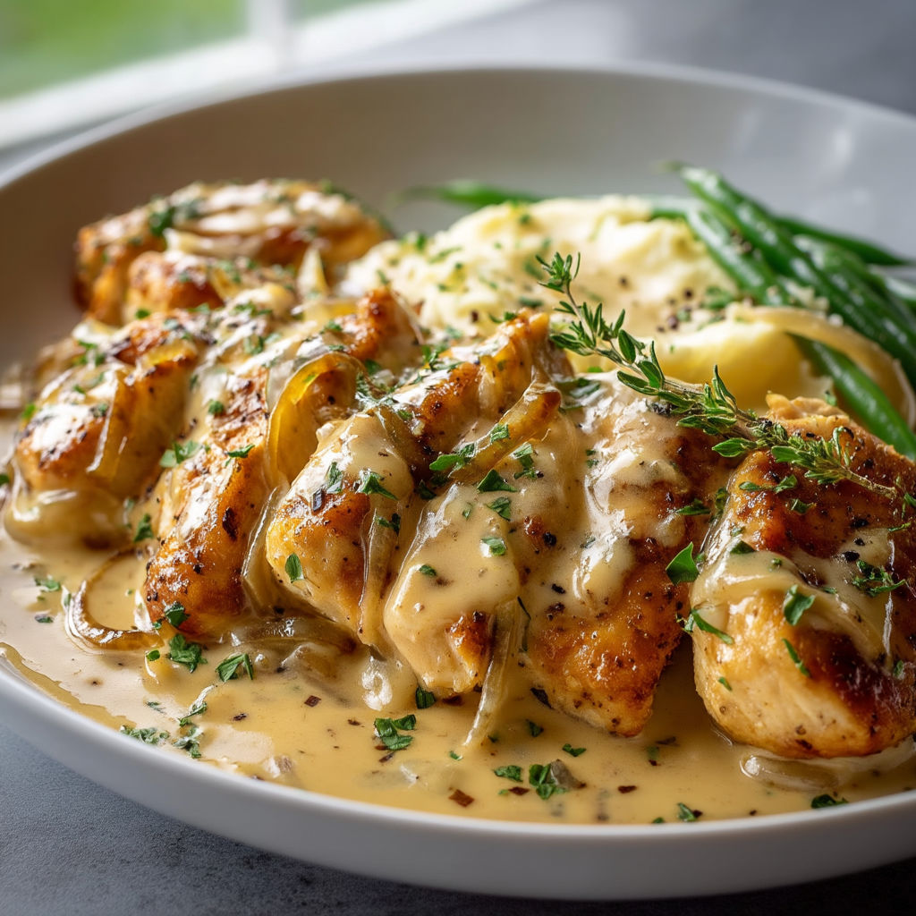 A plate of food with chicken, mashed potatoes, and green beans.