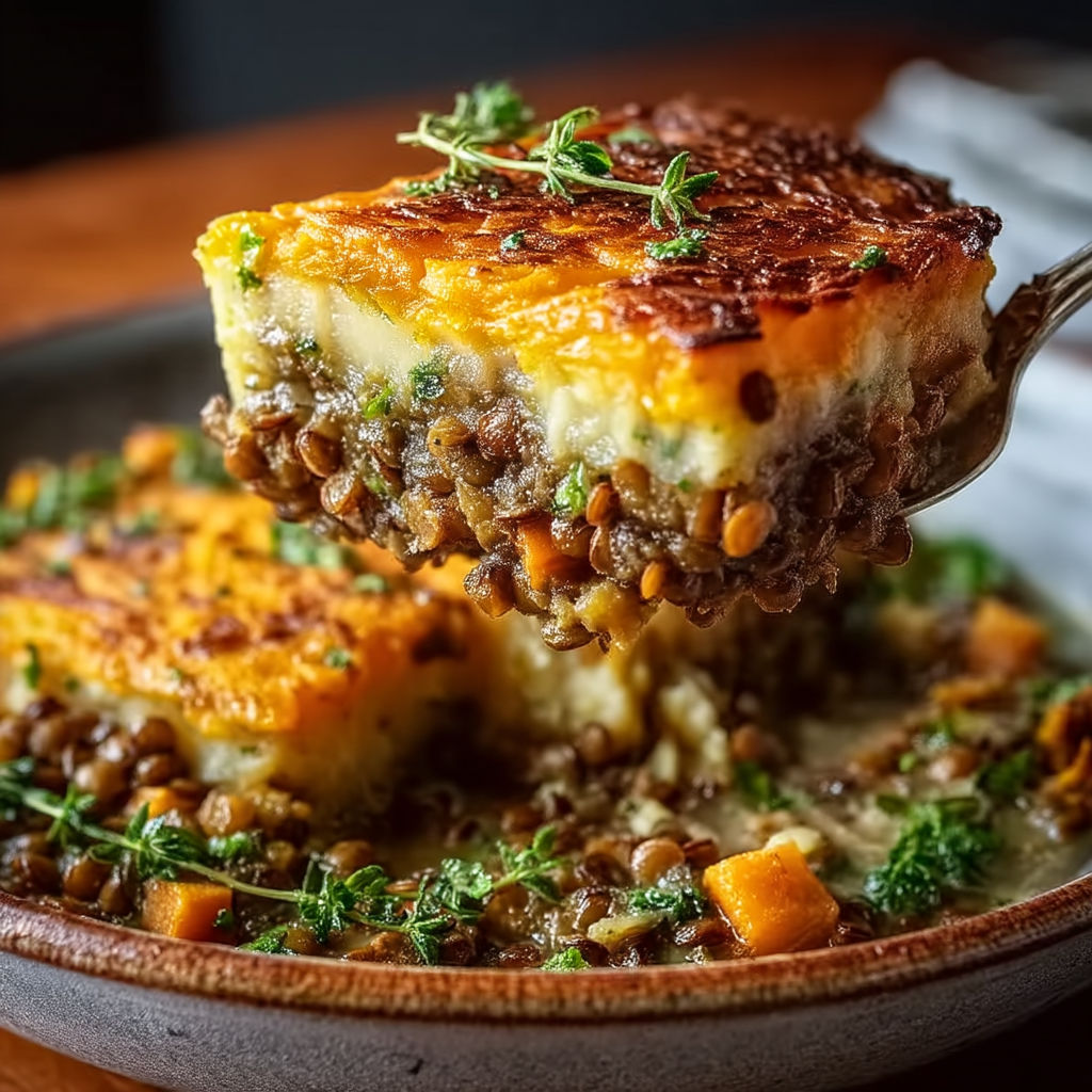 A slice of Parmentier Butternut Lentilles Vertes Herbes.