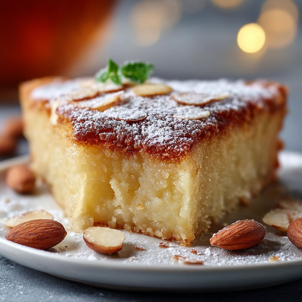 A slice of cake with powdered sugar on top.