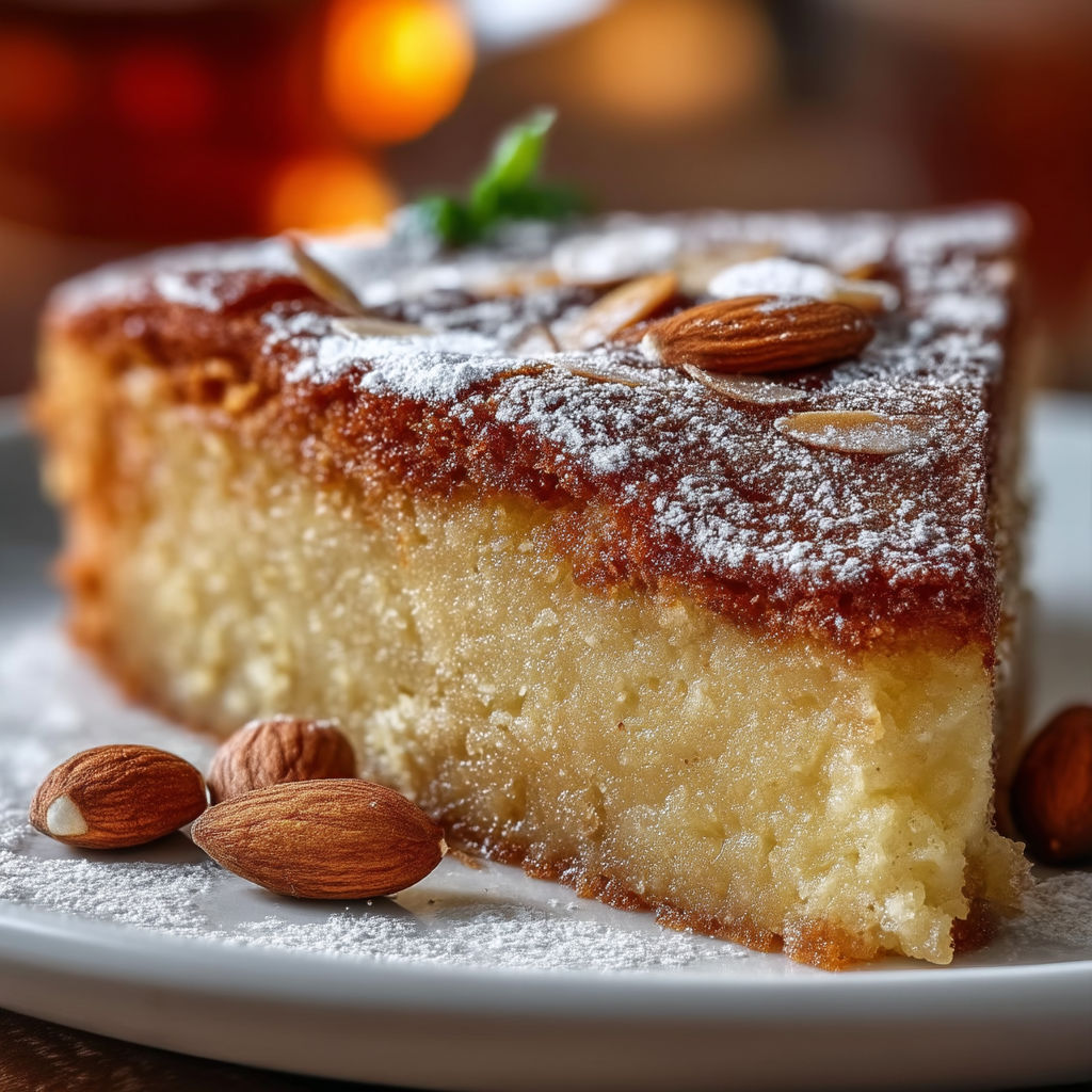 A slice of cake with almonds on top.