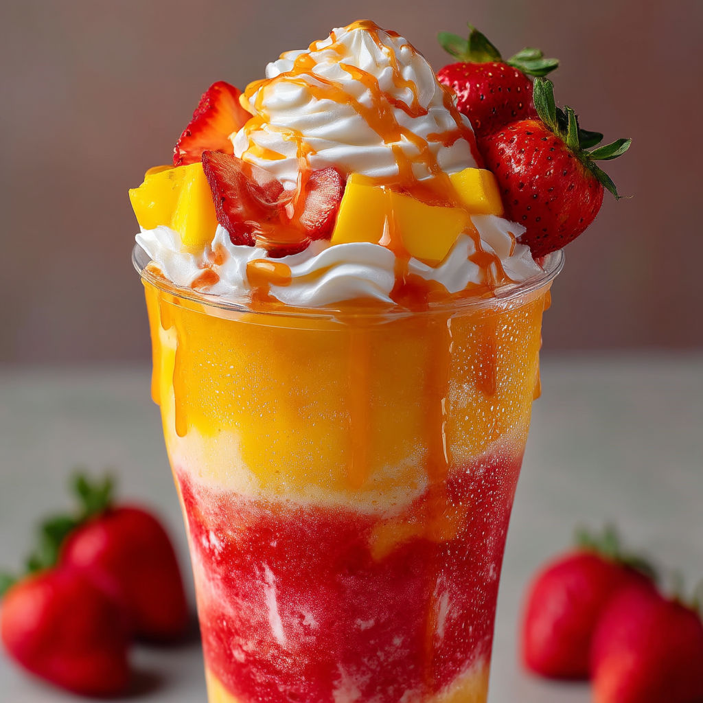 A glass of a frappuccino with strawberries and whipped cream.