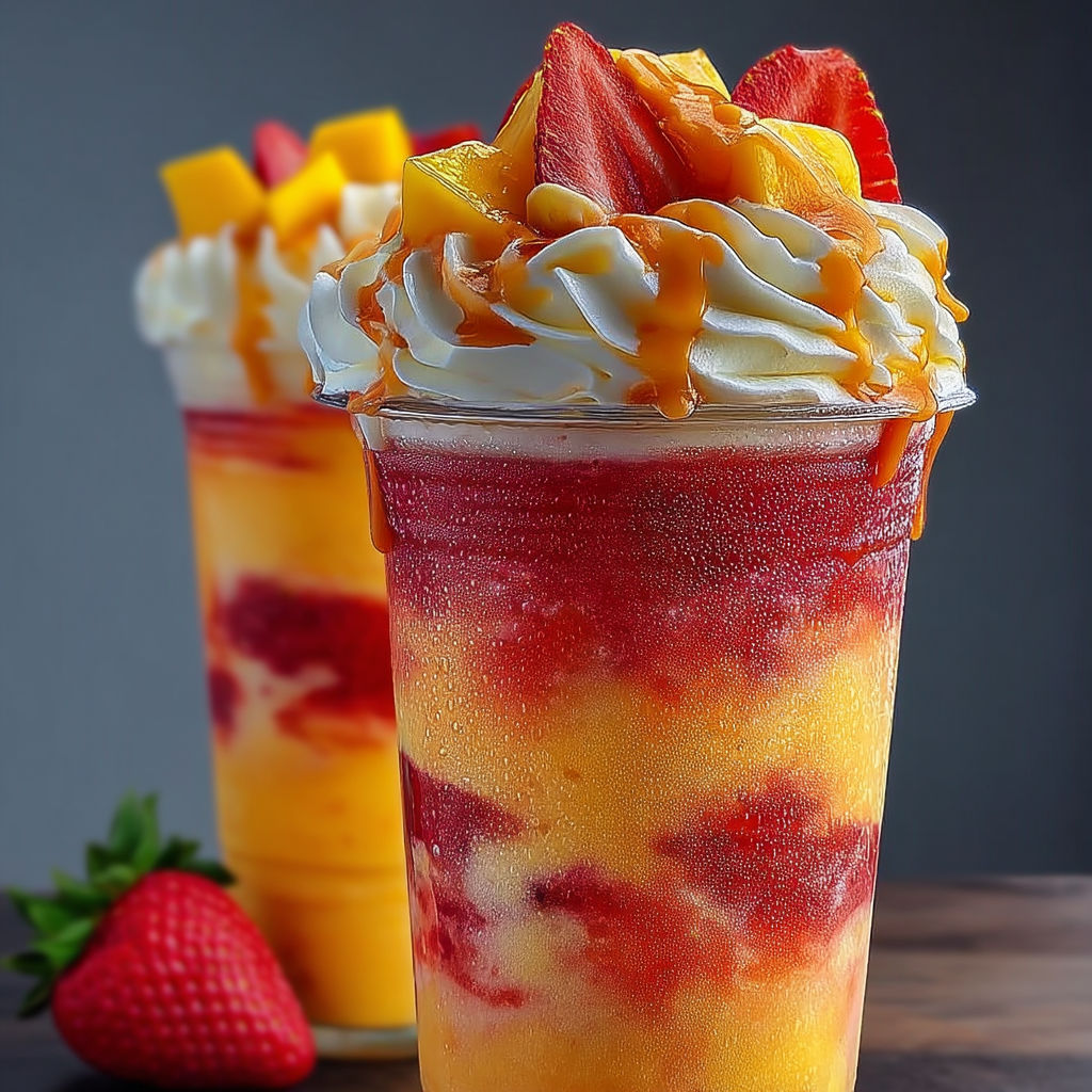 A glass of a frappuccino with strawberries and whipped cream.