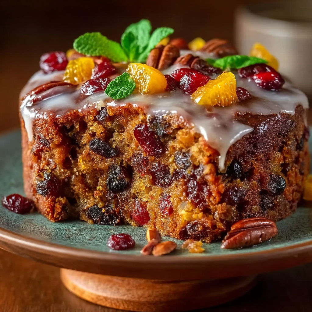 A cake with fruit toppings and rum nectar.