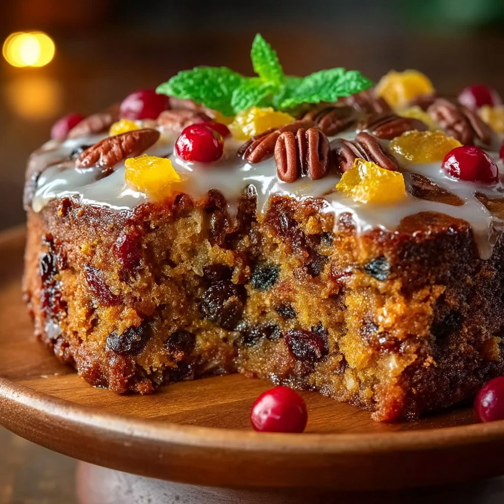 A cake with fruit toppings and rum nectar.