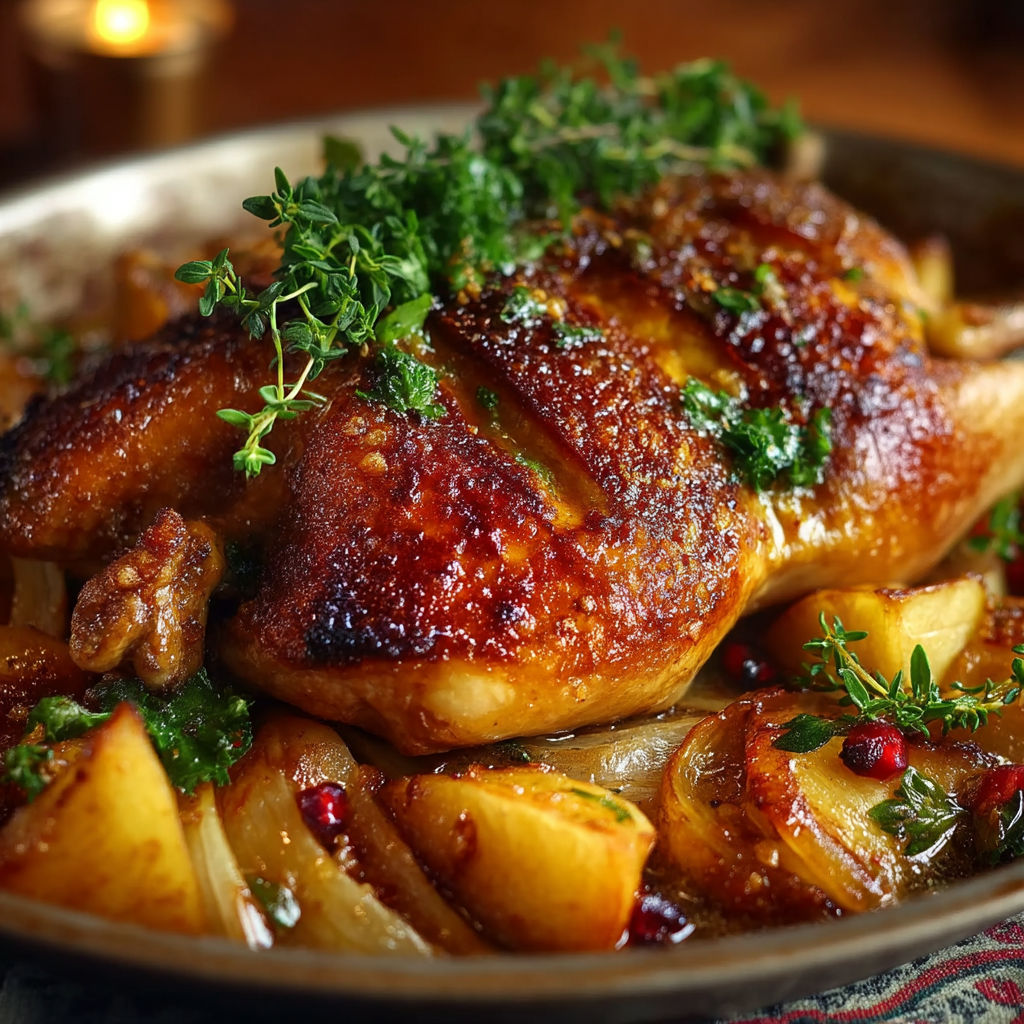 A roasted chicken with herbs and onions.