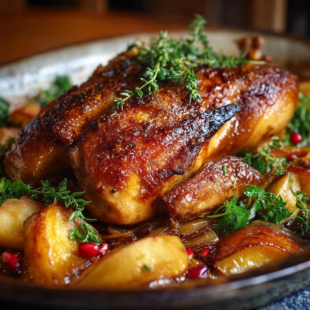 A roasted chicken with herbs and spices.