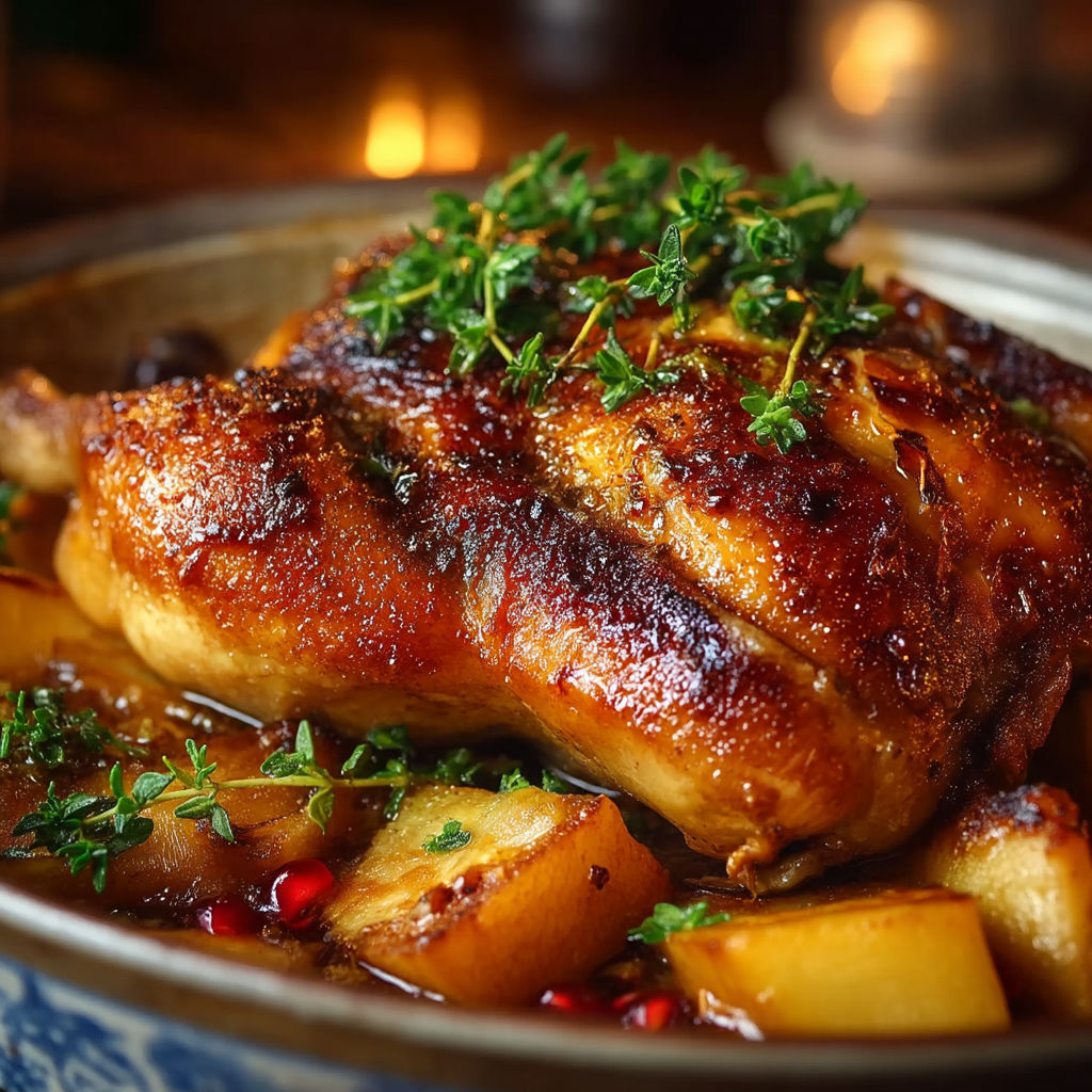 A roasted chicken with herbs and spices.