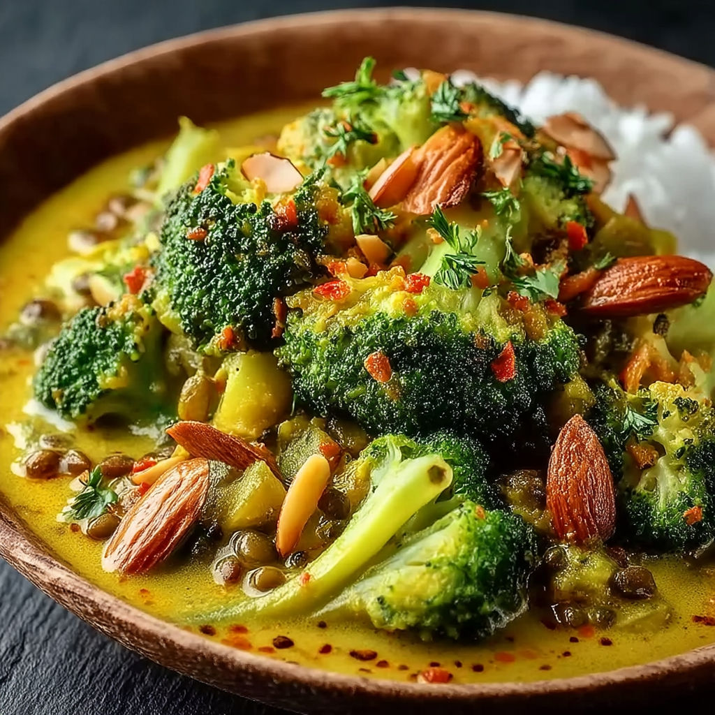 A bowl of curry with broccoli, lentilles vertes, and grilled almonds.