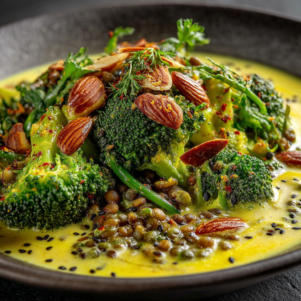 A bowl of food with broccoli and nuts.