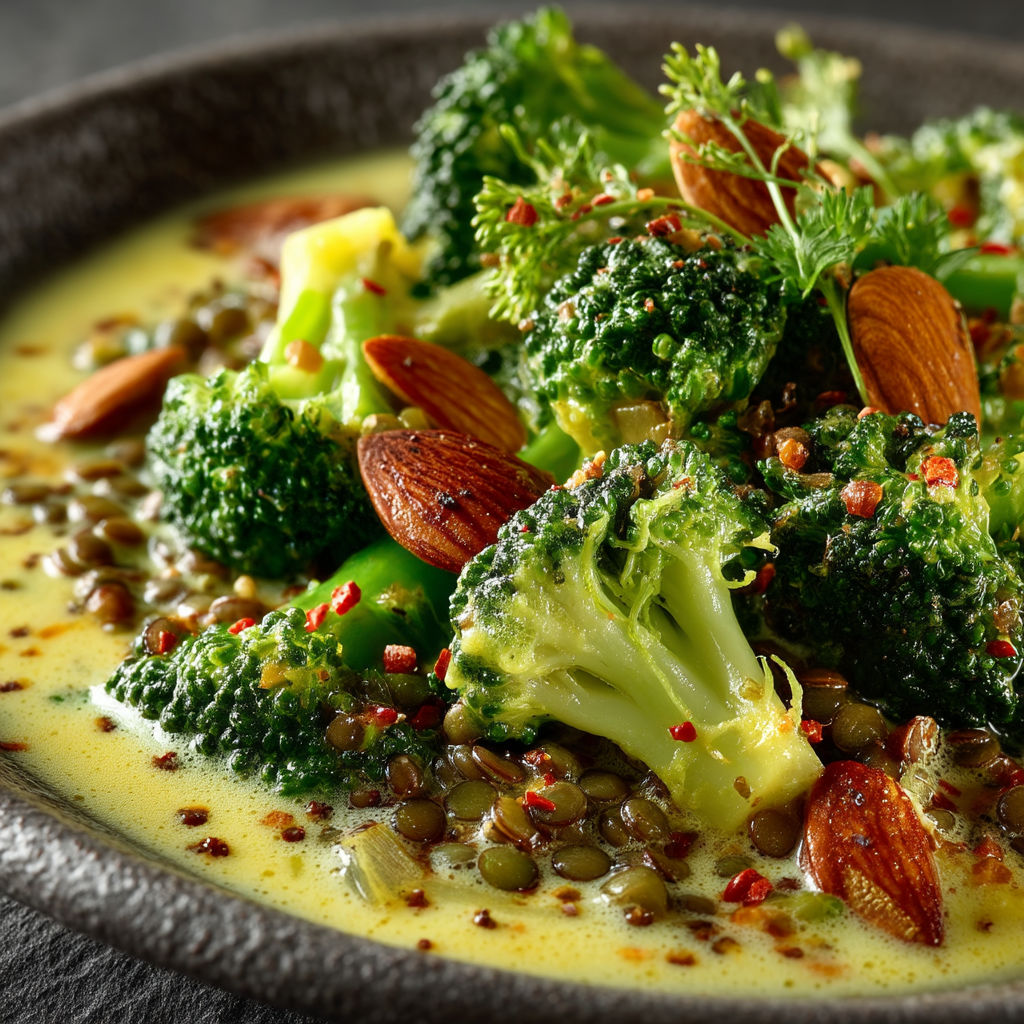 A bowl of food with broccoli and nuts.