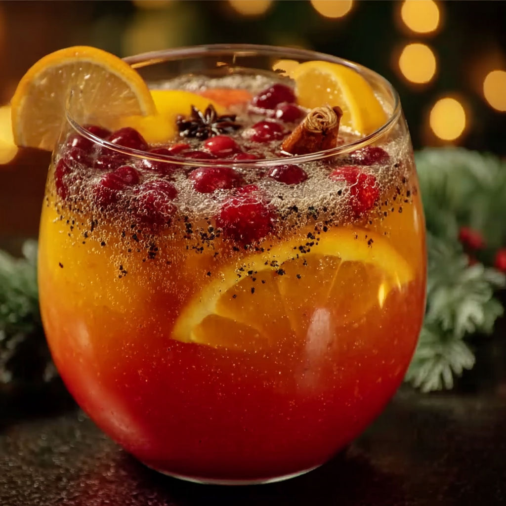 A glass of fruit juice with a slice of lemon in it.