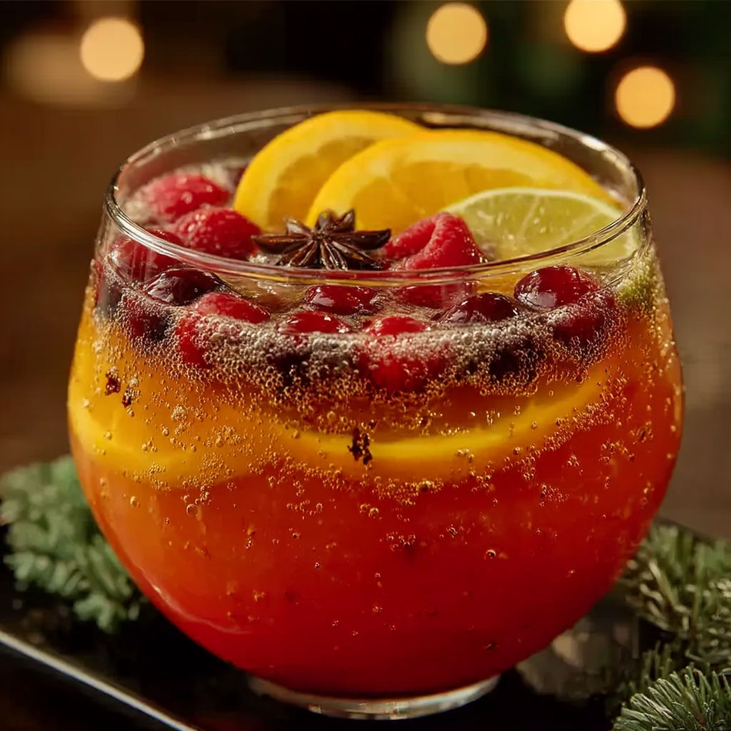 A glass of fruit juice with a slice of orange and a slice of lemon.