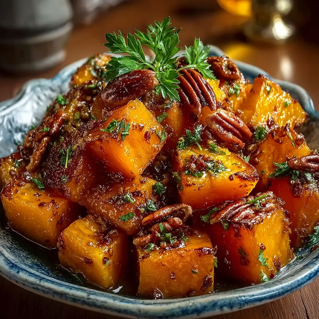 A bowl of roasted squash with ginger, honey and garlic.