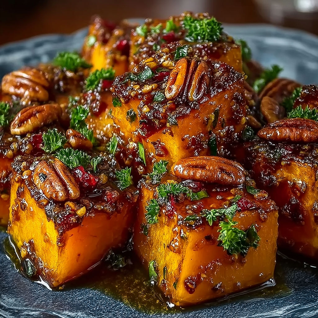 A plate of roasted squash with a sauce of honey, ginger, and garlic.