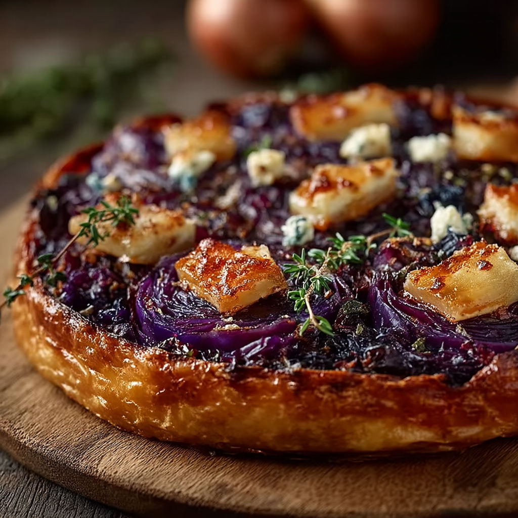 A pizza with purple onions and blue cheese.