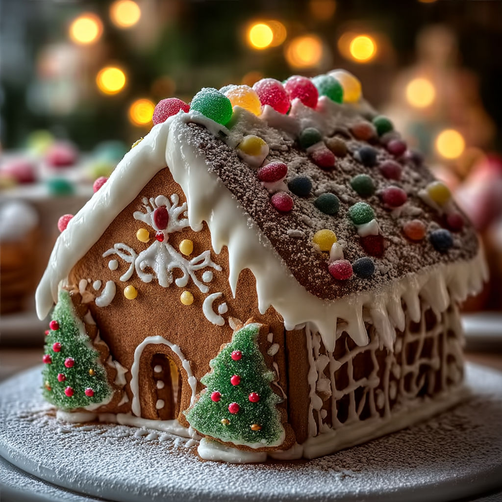 A gingerbread house with a white roof and green and yellow decorations.