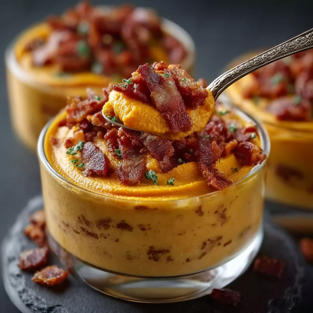 A bowl of mousse patate douce crème bacon croustillant.