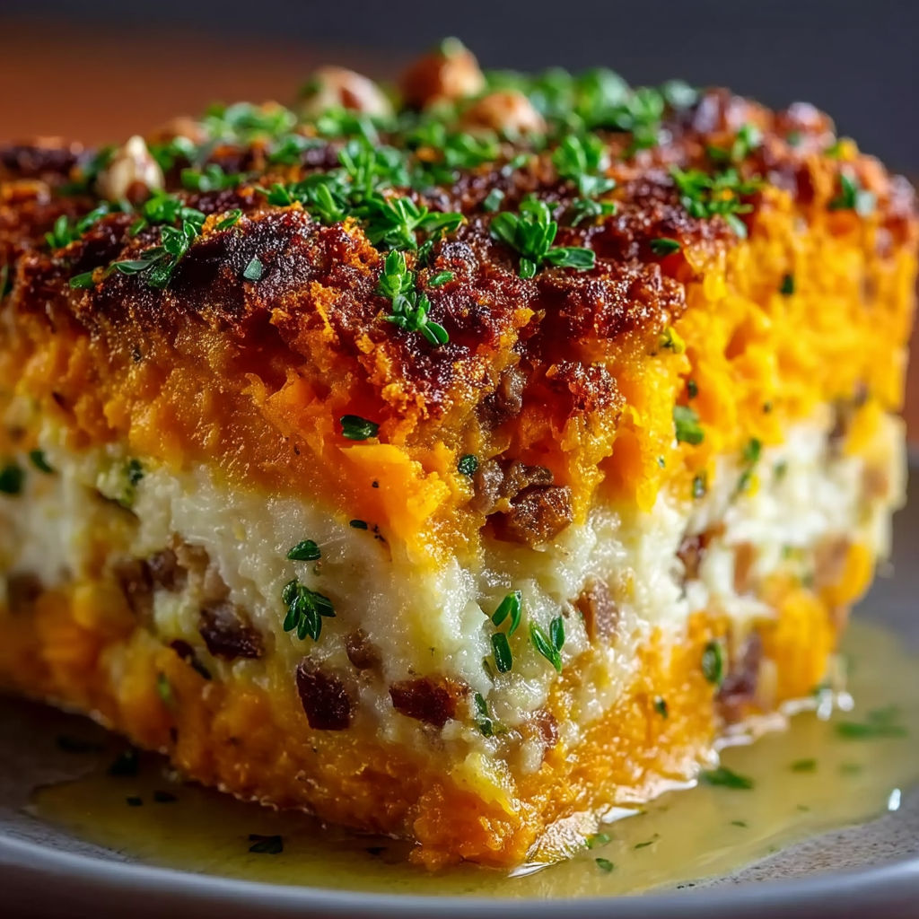 A slice of parmentier courge châtaignes crème ricotta.