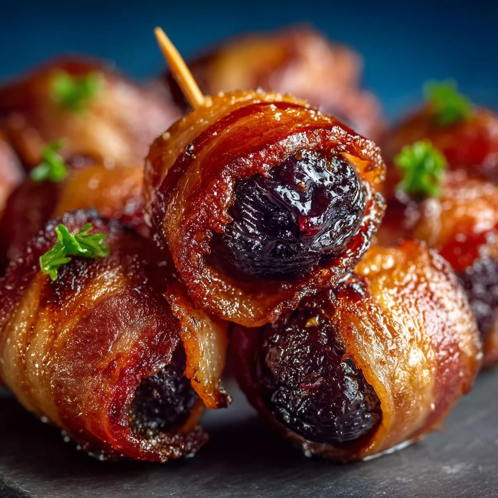 Bacon wrapped apples with a toothpick in them.