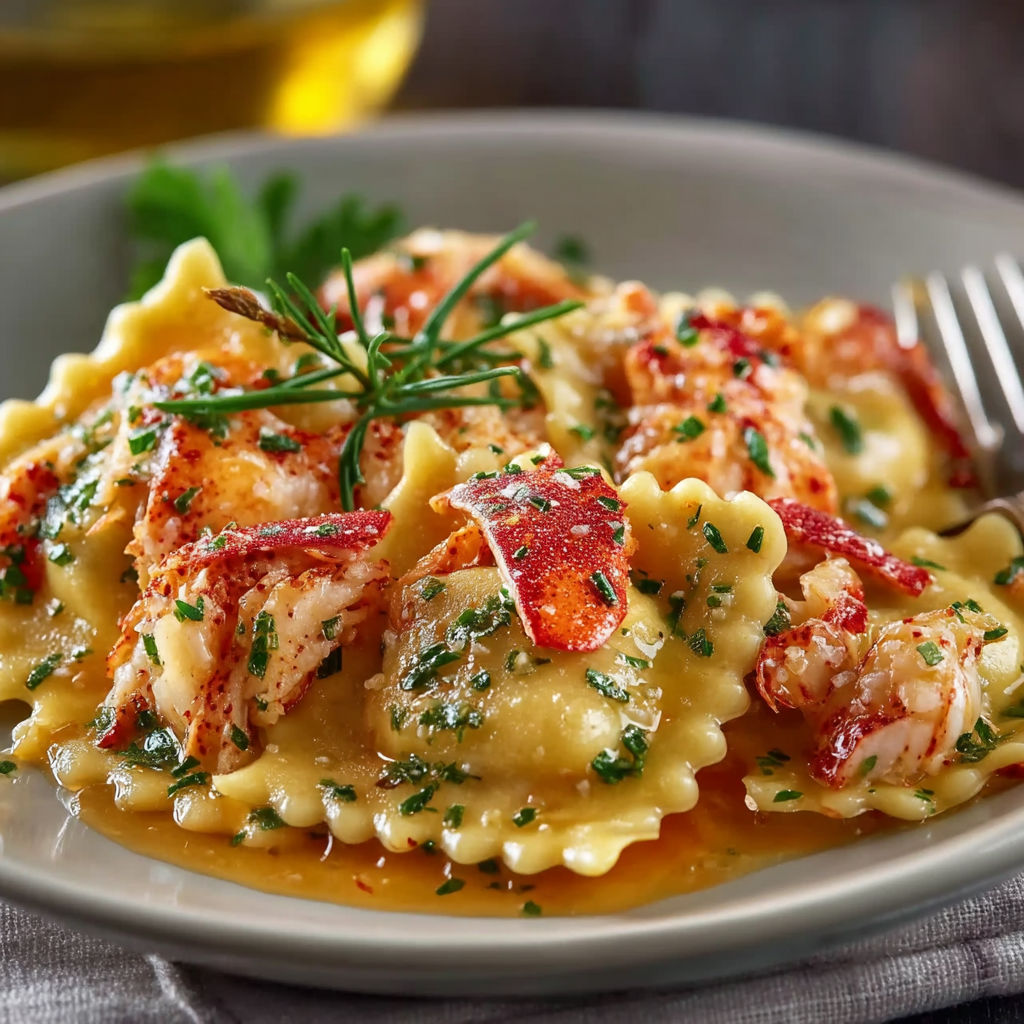 A plate of pasta with lobster sauce.