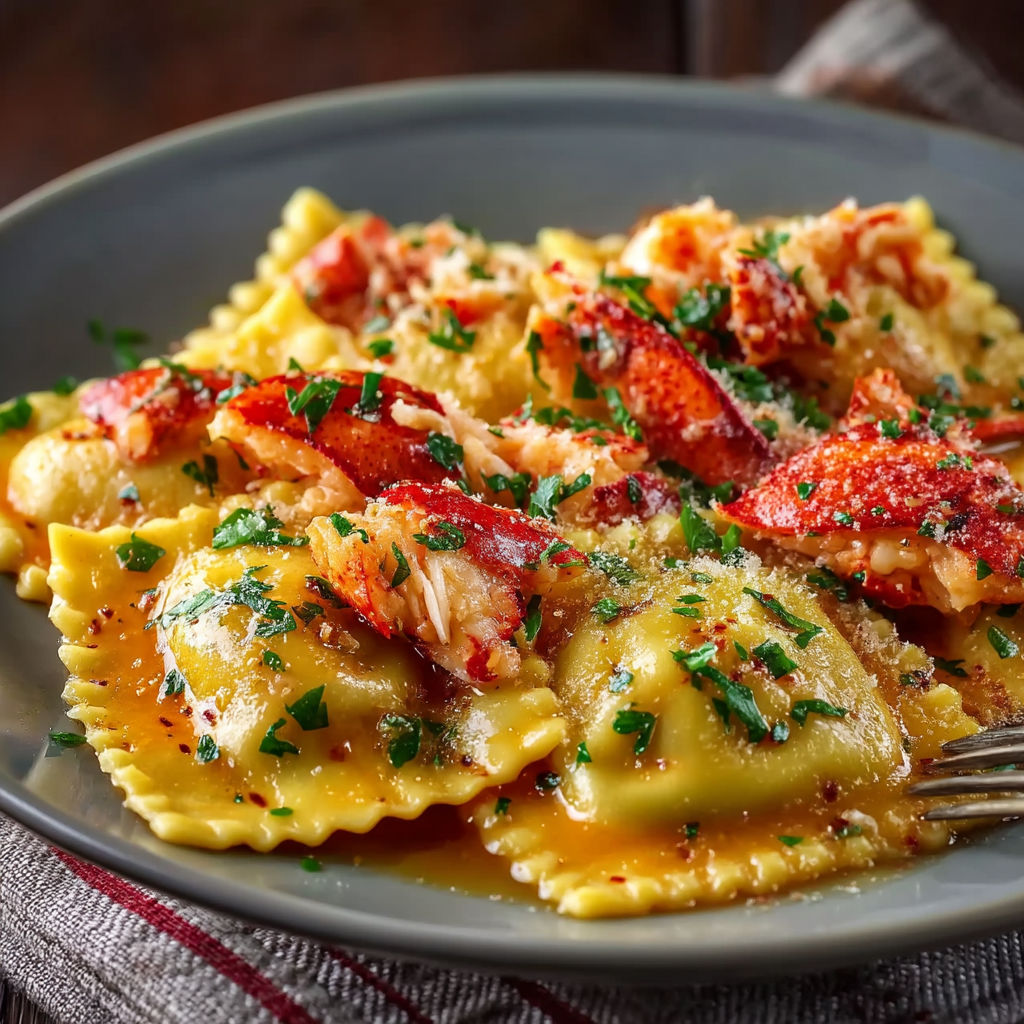 A plate of pasta with lobster and shrimp.