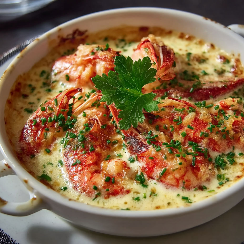 A bowl of cassolette with langoustines and crème.